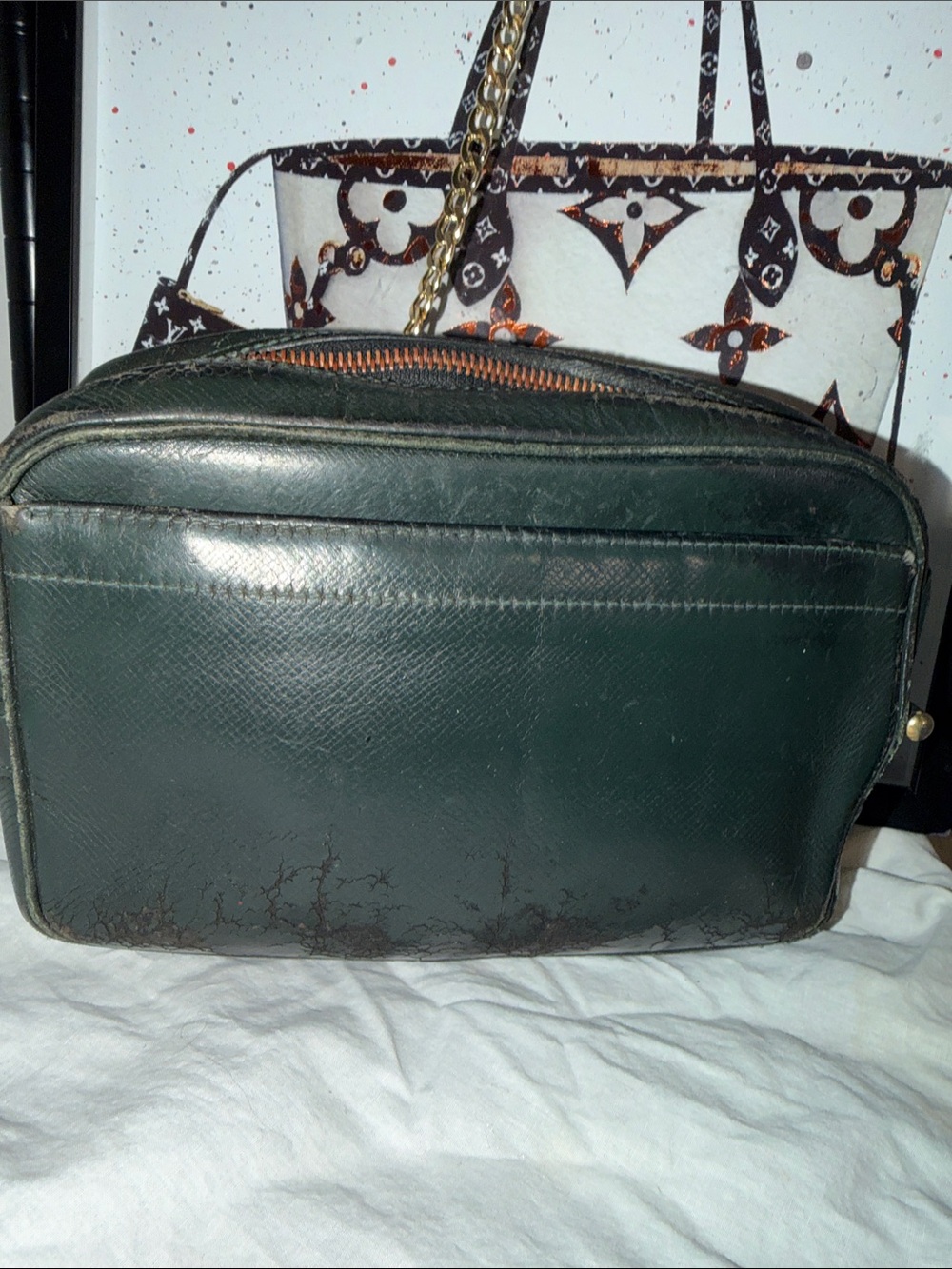 Louis Vuitton vintage Toiletry Bag Dark Green Leather Clutch with chain